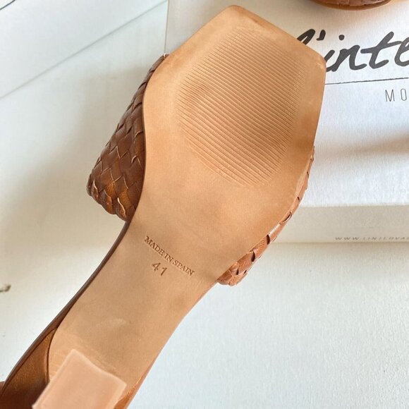 L'Intervalle Caramel Brown Woven Braided Square toe High  Heel Slides 41 - Picture 8 of 8